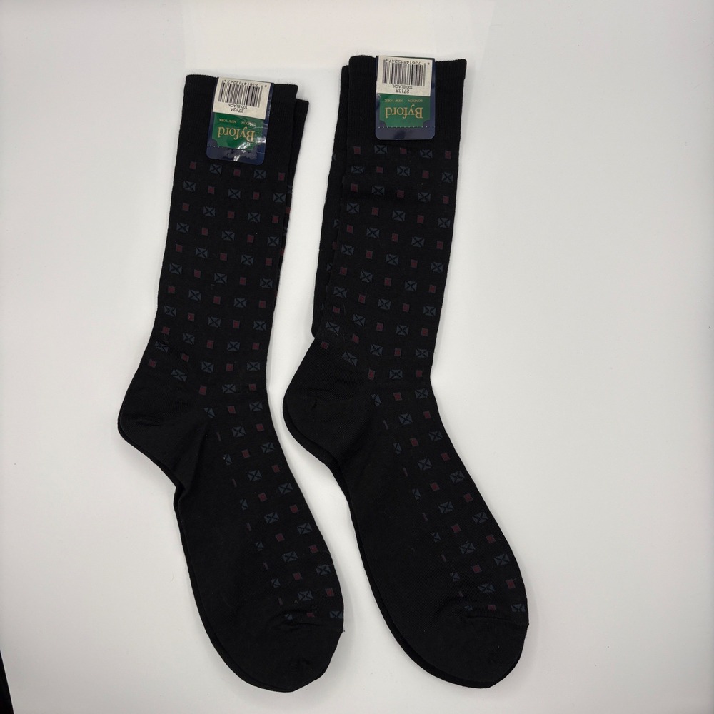 Byford Merino Wool Blend Dress Socks Mens Black Geometric 2 Pair Lot Business